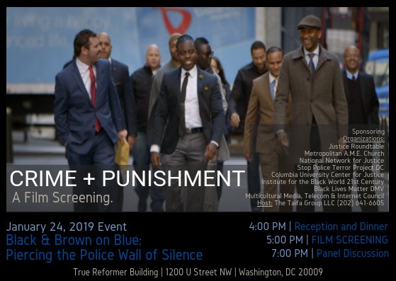 mmtconline's tweet photo. Join MMTC in honoring #DrMLKing's 90th birthday by attending @justiceroundtab's “Black &amp; Brown on Blue: Piercing the Police Wall of Silence,” a screening of “Crime+Punishment” &amp; panel, on Jan 24, 4-8PM in #DC. Read e-blast: https://t.co/ySUT3dN9iv. RSVP: https://t.co/g5JJRgaDZZ. https://t.co/1aMAVipnT0