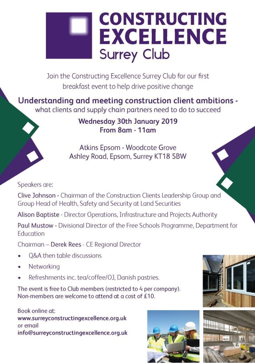 Our first business breakfast event on 30th January is now almost fully booked with the last remaining places available to <a href="/CESurrey/">Constructing Excellence Surrey Club</a> members. So join us at surreyconstructingexcellence.org.uk
#Surrey if you want to drive change in the construction sector.