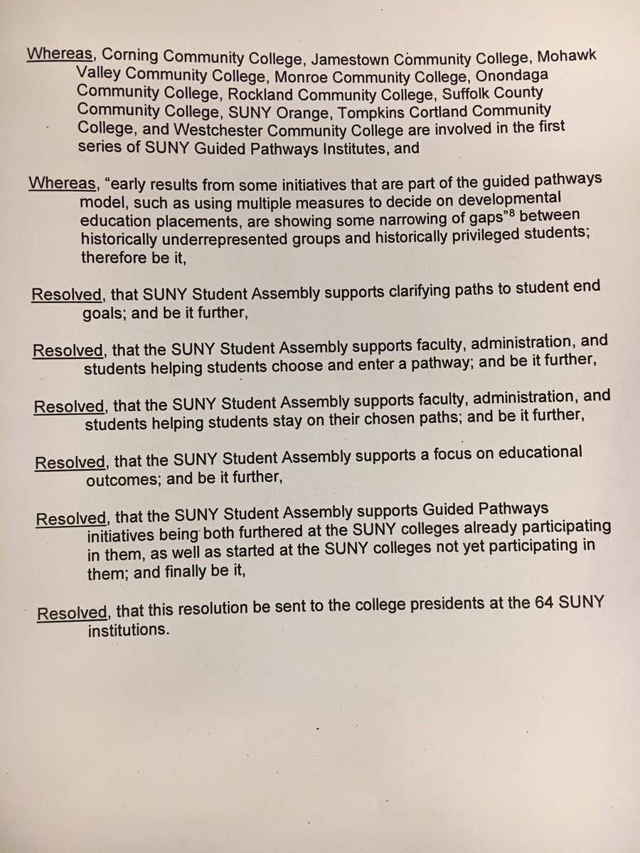 JesseCoraggio's tweet photo. Student Representatives from the SUNY Student General Assembly announced that they have passed a resolution that supports and endorses Guided Pathways at all SUNY Institutions. @NYSSSC @AchieveTheDream @Comm_College #EDPros https://t.co/8aJlJrP3YY