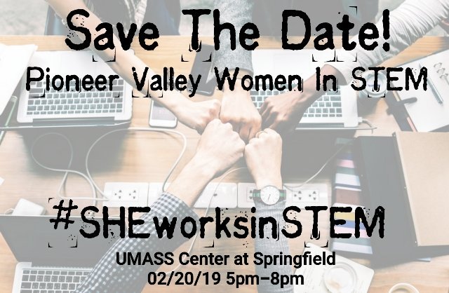 #SHEworksinSTEM
Save the date! #WesternMa #womeninSTEM will inspire &amp; engage #communitycollege women about working in the field of #STEM at <a href="/UMassSpfld/">UMass Springfield</a> through <a href="/PVWISTEM/">Pioneer Valley Women in STEM (PVWIS)</a>!
<a href="/PVWISTEM/">Pioneer Valley Women in STEM (PVWIS)</a> is a collaboration btwn <a href="/HolyokeCC/">Holyoke Comm College</a> @S_T_C_C <a href="/GfldCommCollege/">Greenfield Community College</a> <a href="/BerkshireCC/">BerkCommunityCollege</a> <a href="/MassDHE/">MA Dept of Higher Ed</a> <a href="/CommunityCCRC/">CCRC</a>
