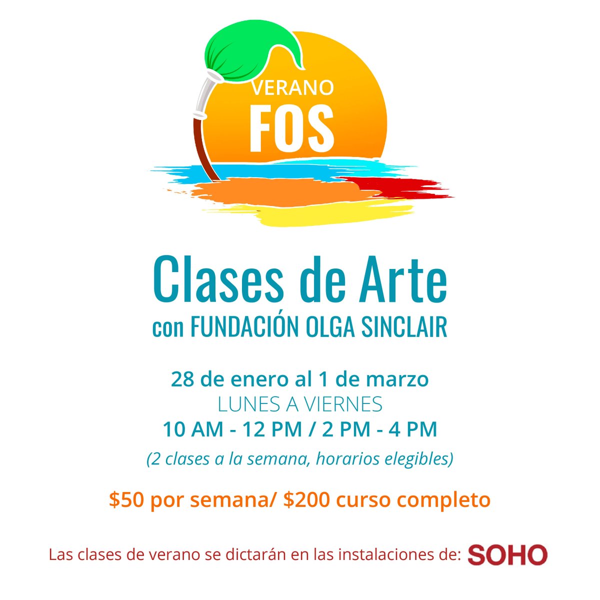 FOSinclair's tweet image. ¡Qué viva el verano!
Estamos cerca de dar inicio a nuestro VERANO FOS 2019. Cinco semanas repletas de arte, color y diversión! Escríbenos a academy@fundacionolgasinclair.org para el proceso de inscripción! #art #arte #artist #draw #drawing #dibujo #painting #paint #pintura
