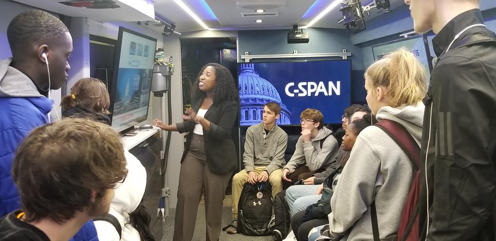 C-SPAN bus at Fulton with Government students! This is so cool!! @KCSocialStudies @fultonprincipal