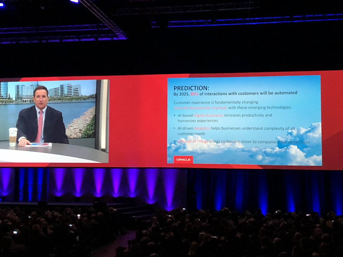 Day 2 @ Oracle Open World London, Keynote with Mark Hurd’s Predictions. In 2025, 85% of interactions with customers will be automated and AI will power 85% of all customers interactions #OOWLON #AI #Analytics