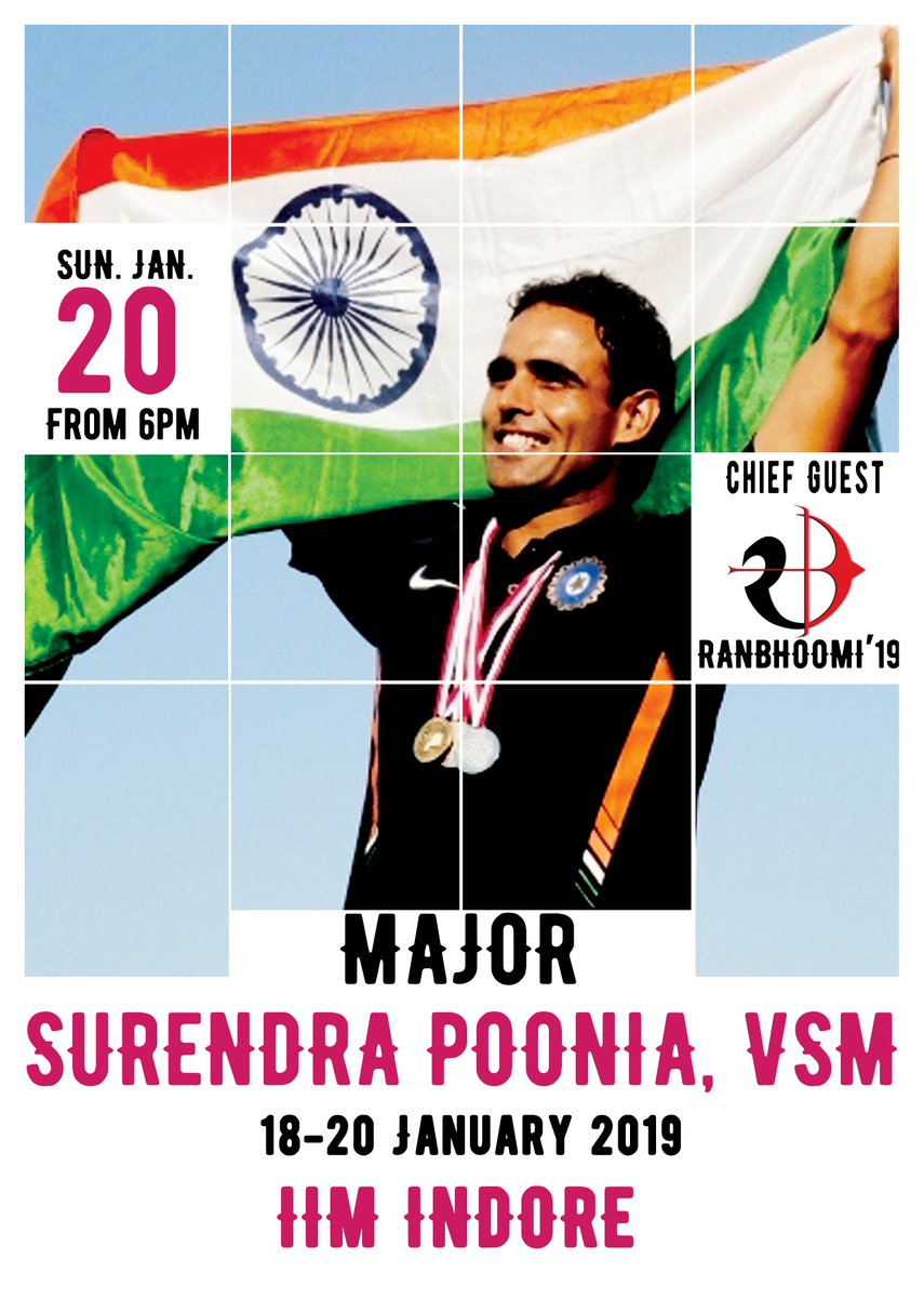 IIM_I's tweet photo. Major Surendra Poonia,VSM, #international award-winning #sportsman, #LimcaBookRecord holder, #physician, former special forces officer of the Indian Army and founder of Soldierathon #marathon, will be our chief guest for the closing ceremony of @ranbhoomi_iimi! #Sunday, 20th Jan https://t.co/cTKPM9uU1P