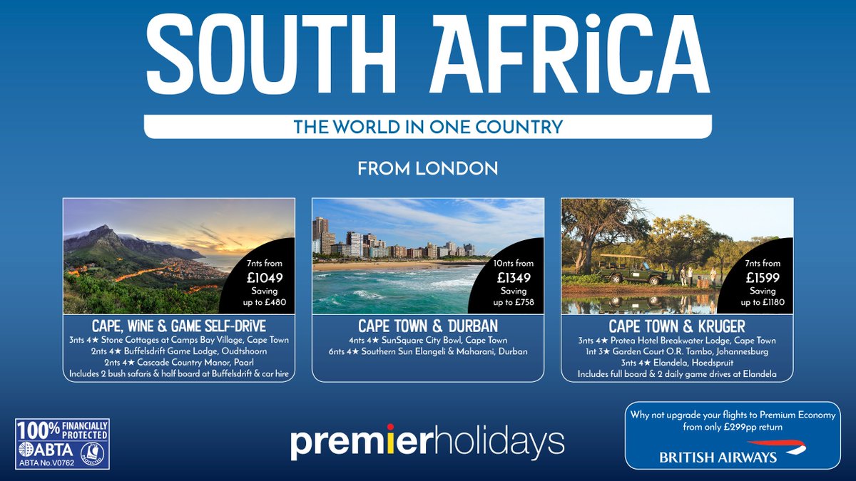 South Africa peaks offers for 2019, flying from London and a number of regional airports. Make a booking and you will be entered into our two-weekly prize draws to win a host of goodies #BookPremierWinPrizes 🐘🦁