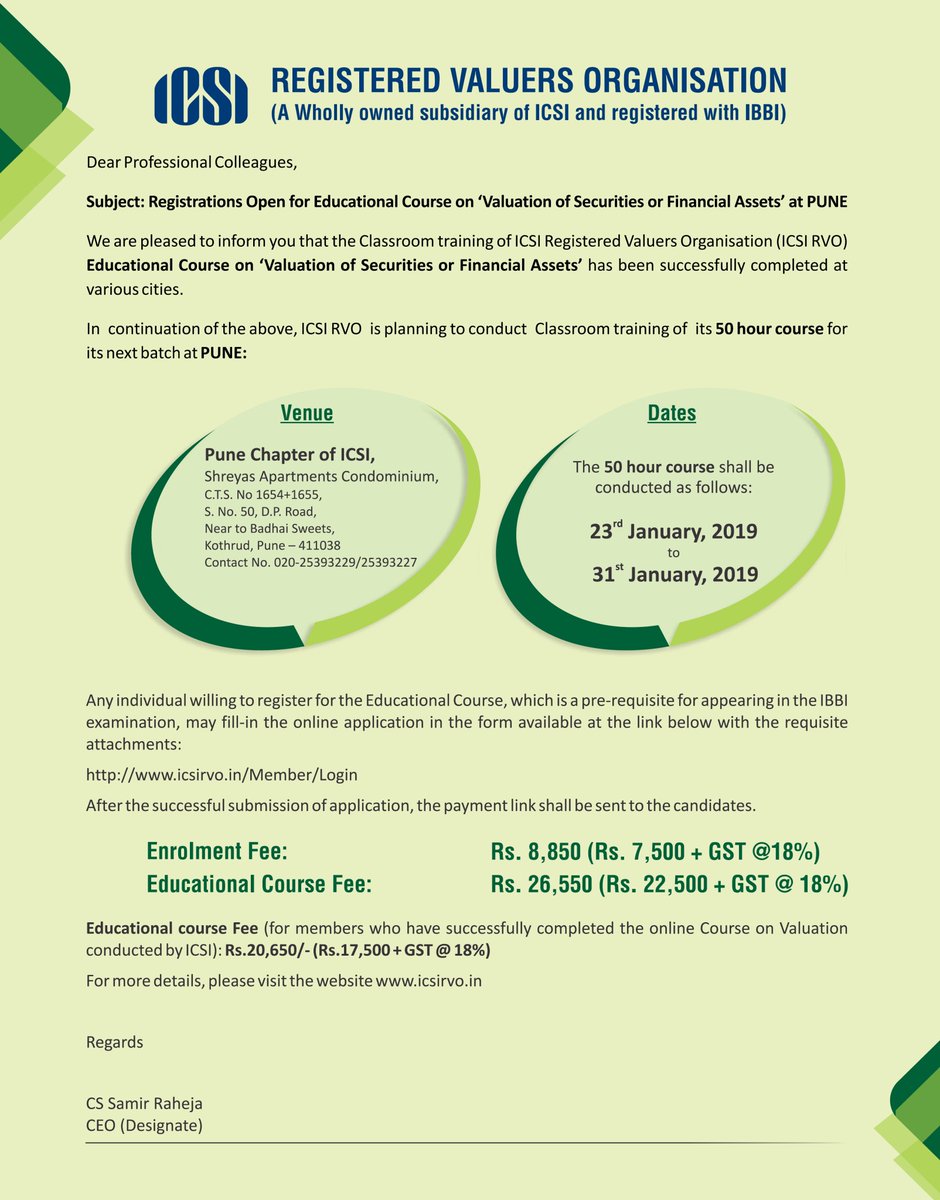 icsi_cs's tweet photo. Registrations Open for Educational Course on ‘Valuation of Securities or Financial Assets’ at Pune https://t.co/lawMirfewV