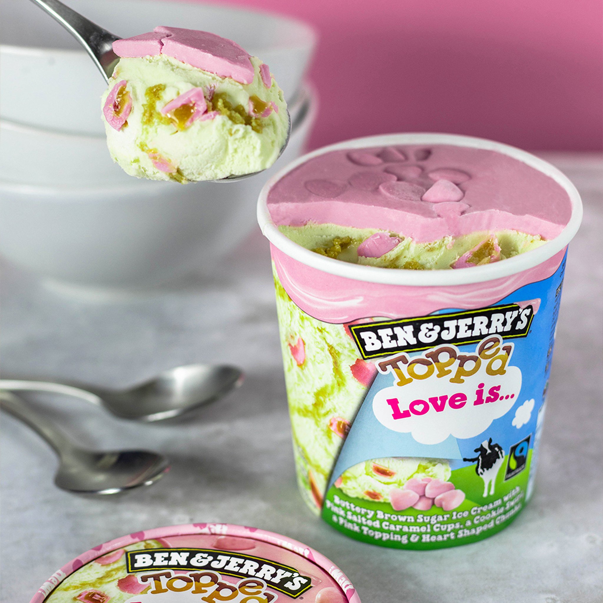 & Jerry's UK 🧡 on Twitter: "Introducing NEW Topped Love Is... buttery brown sugar ice cream, off with pink chocolatey hearts. We're tickled pink about this one! Hitting freezers in