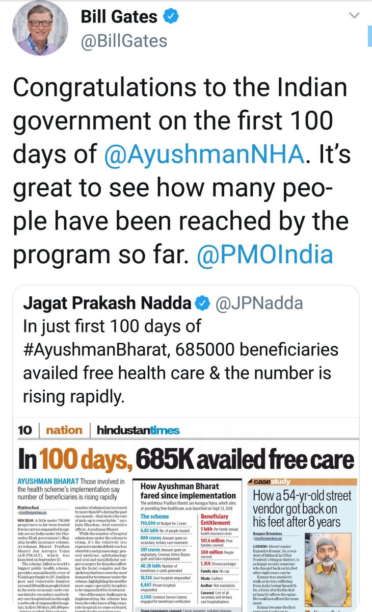 Arvind Lodha On Twitter Billgates Ayushmannha Pmoindia Ayushmanbharat Worlds Biggest Welfare Scheme Health Coverage To 50cr Citizens Within 100days 685k Ppl Already Benefitted This Is Revolution Billgates Sitting 1000s Of Miles Away