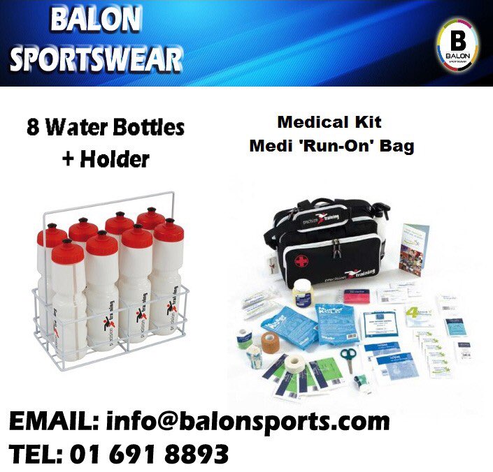 Bespoke Match Pack Water Bottles + First Aid ⛑ Excellent value run - on bag, ideal for any standard of club. Comes with First Aid kit (medi Kit A). Includes free jet spray bottle. 8 Water Bottles + Bottle Carrier €80.00 balondirect.com 🥇 #Bewithbalon ⚽️
