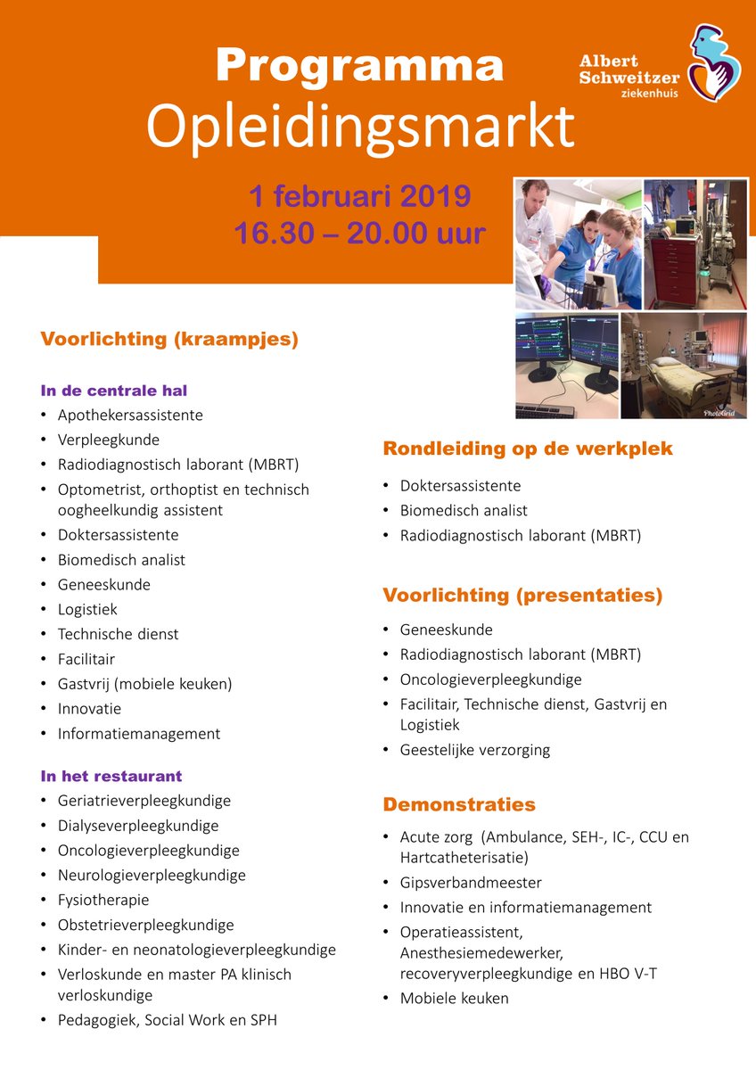 asznl's tweet photo. Op deze poster zie je alle afdelingen en specialismen die zich presenteren op onze Opleidingsmarkt voor schoolverlaters, die we houden op vrijdag 1 februari van 16.30 tot 20.00 uur. Kom je ook? Kijk op https://t.co/DeeQQVX2Si … https://t.co/mpQNh7tRfA