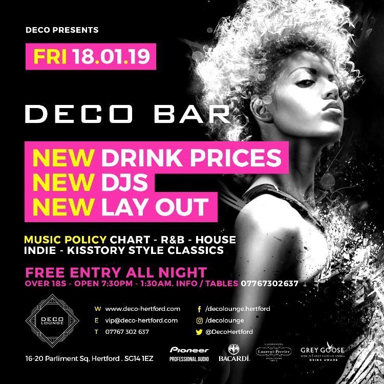DecoHertford's tweet photo. Head down to #DecoBar this Friday ...we’ve got a drink with your name on it 😉
.
.
.
.
#DecoHertford #Greygoose #Coronabeer #Ciroc #Hennessey https://t.co/GFz2dJpPnO