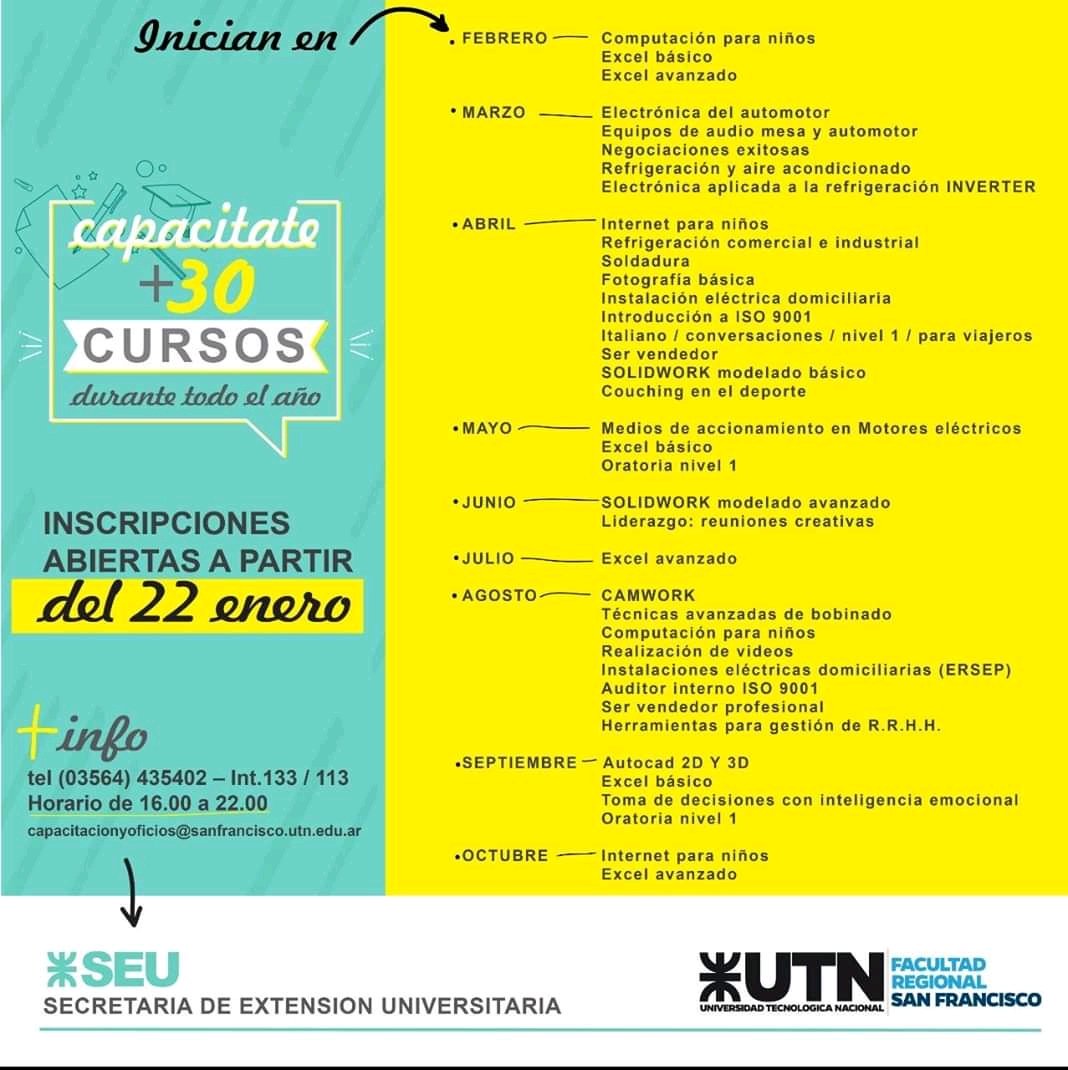 CeutSfco's tweet image. 👉 Compartimos el cronograma de cursos de capacitación previsto para este año!
Para más info es inscripciones desde el 22 de enero de 16 a 20 al 03464-435402 internos 133/113 o por mail a capacitacionyoficios@sanfrancisco.utn.edu.ar