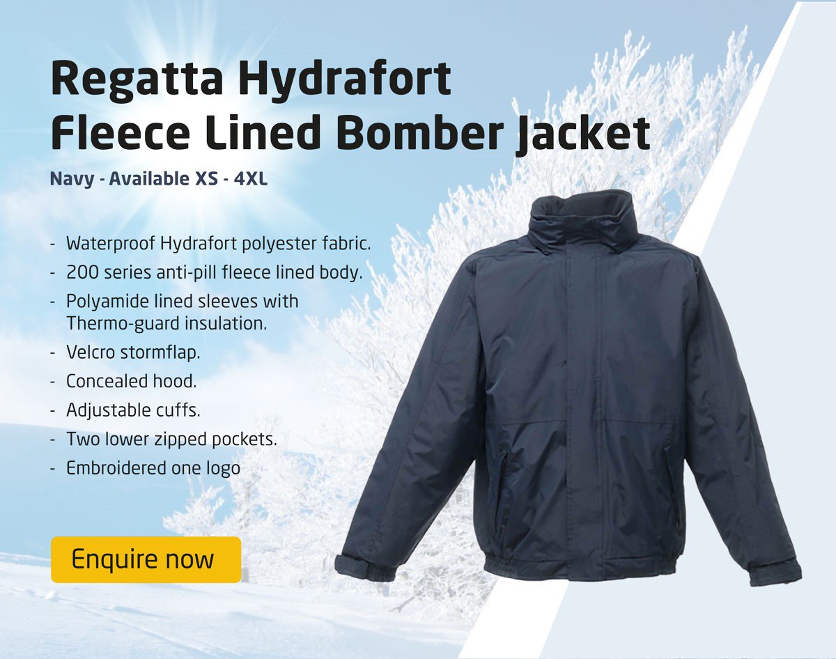 Add your company logo to these Regatta Hydrafort Fleece Lined Bomber Jackets. Available in Navy, XS - 4XL #embroidery #branding