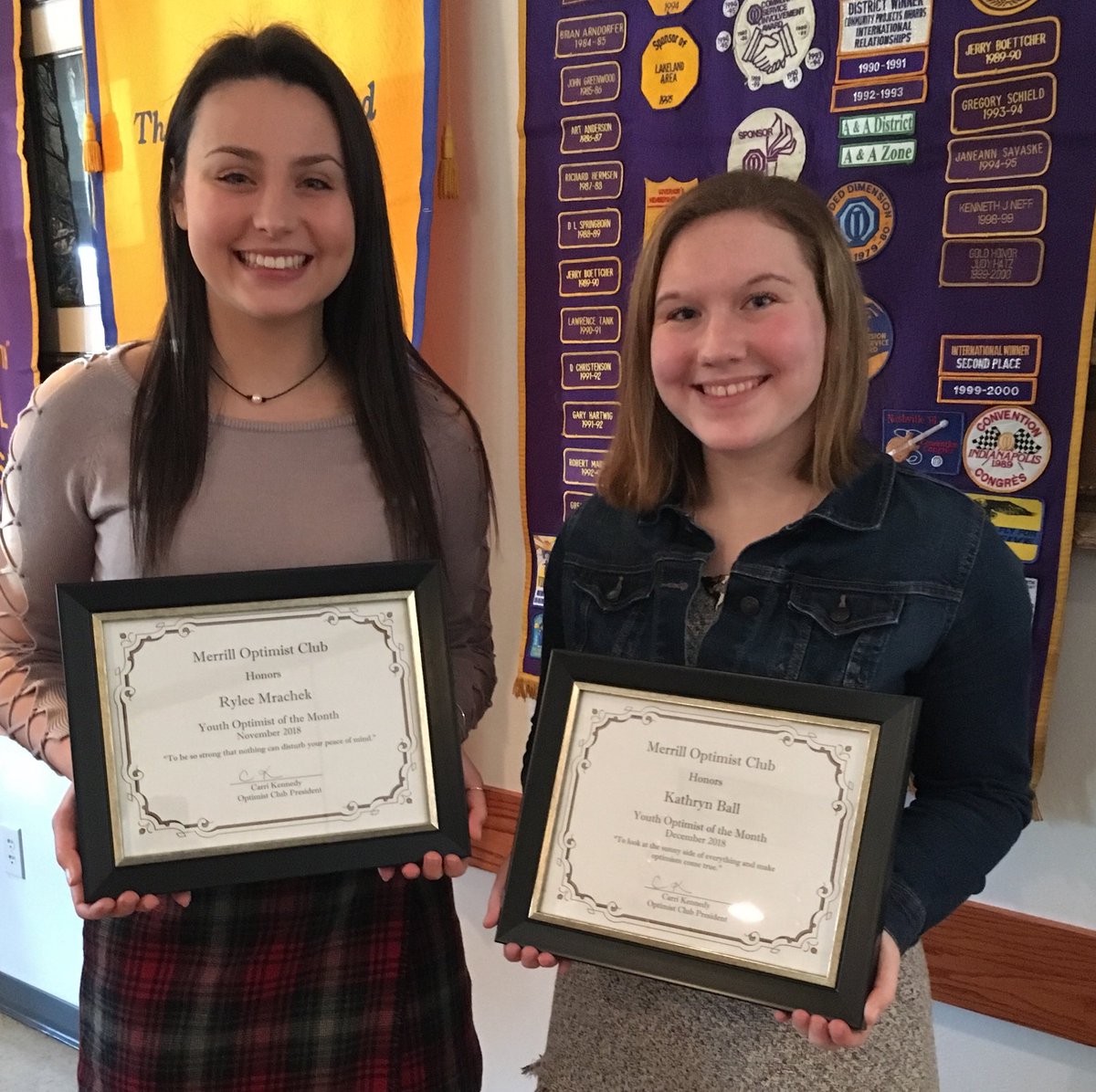 Congratulations to Rylee Mrachek and Katy Ball on being selected as the Merrill Youth Optimists of the month for November and December!