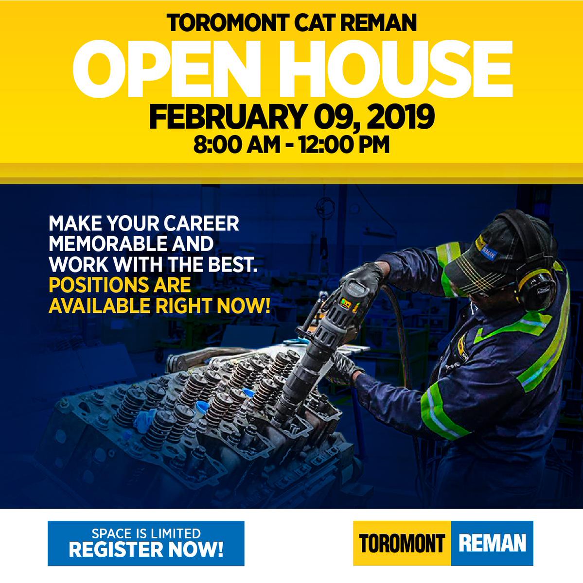 Toromont Cat Reman Open house. Make your career memorable and work with the best. Positions are available right now! Click here to register ➡ bit.ly/2Dgf73m   Space is limited.
