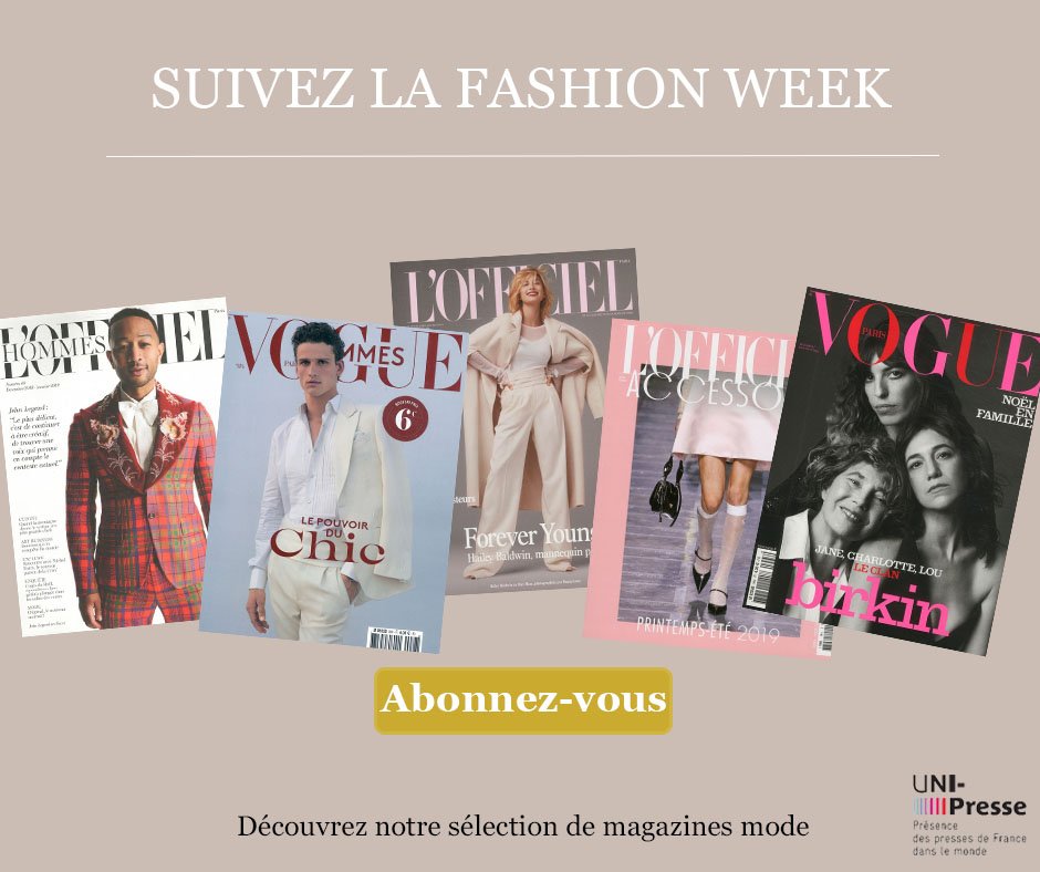 UNIPresse's tweet photo. C'est parti pour la Paris Fashion Week. Pour être à l'affût des dernières tendances, abonnez-vous à nos magazines de mode. 👠👞🧥 #ParisFashionWeek #mode #magazine https://t.co/NEdiDamryJ https://t.co/bIJubUgVWO