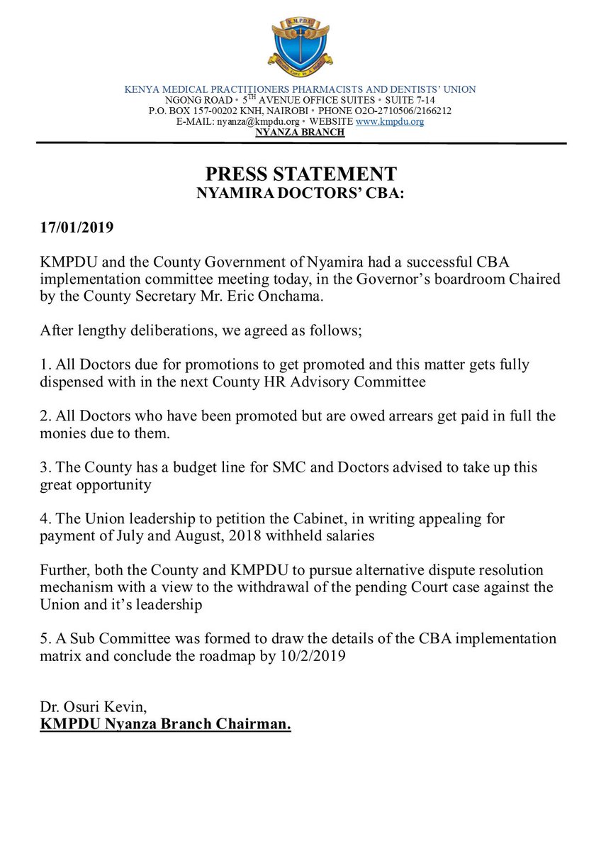 KmpduN's tweet photo. The @KmpduN Leadership held talks with @NyamiraG and reached a raft of resolutions to better the members working conditions as below. @dailynation @LukoyeAtwoli @osurikevin @fnoluga @TheStarKenya @KenyaMedics_KMA @gisairo @OrokoSamuel @daisy_korir @Dalafmkenya @EgesaFMKenya https://t.co/0tH0IJ48nX