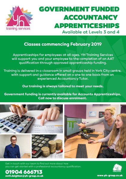 YHTrainingYork's tweet photo. AAT funding available for apprenticeship levels 3 and 4. 
AAT Training Provider with classes starting in February 2019. Please enquire for further information on enrolment and availability.

Contact us on 01904 666713 
#AAT #Apprenticeships @yorkapprentices @MakeItYork @YourAAT https://t.co/wwvuLOOgAZ