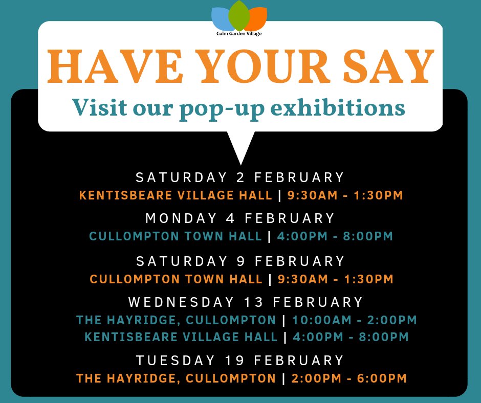 #HaveYourSay We have permanent exhibitions throughout the #consultation period (18/01/19 - 01/03/19) at <a href="/Hayridge/">Hayridge Cullompton</a> and Kentisbeare Village Hall plus pop-up exhibitions. Access the surveys and view documents at culmgardenvillage.co.uk/get-involved
#culmgv #Cullompton #Kentisbeare #MidDevon