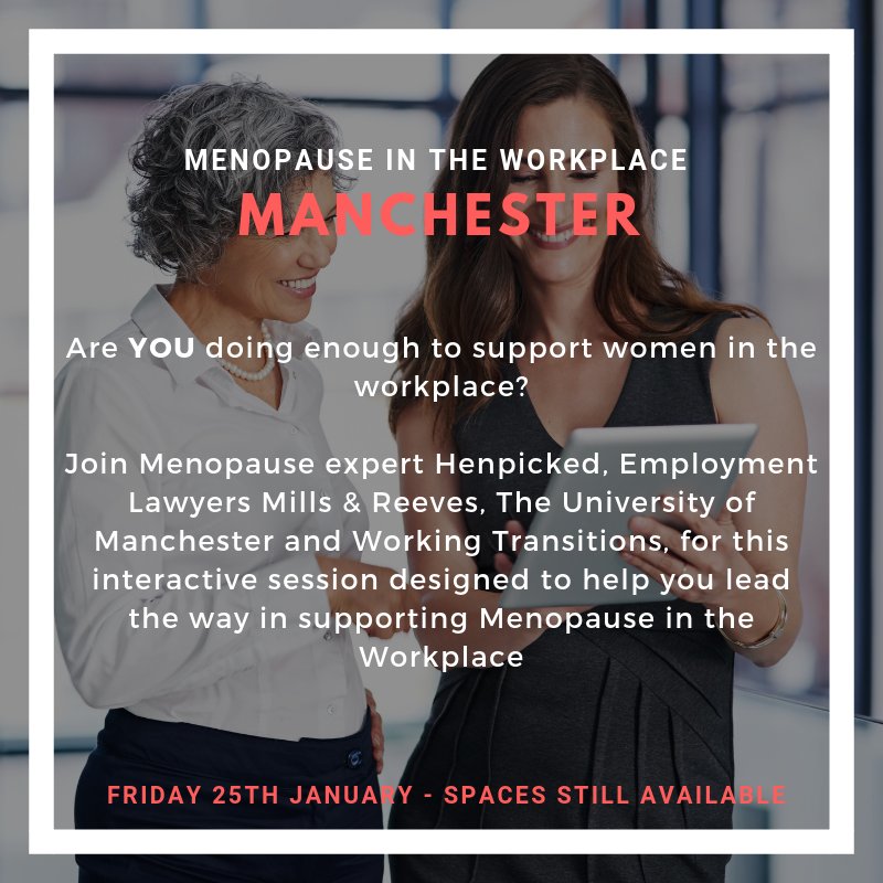 WTransitions's tweet image. COUNTDOWN: 9 DAYS TO GO! There are still a few places left on our Manchester event "Menopause in the Workplace". This unique event is designed to equip organisations to support women in the workplace bit.ly/2DizqOS @henpickednet @WTransitions