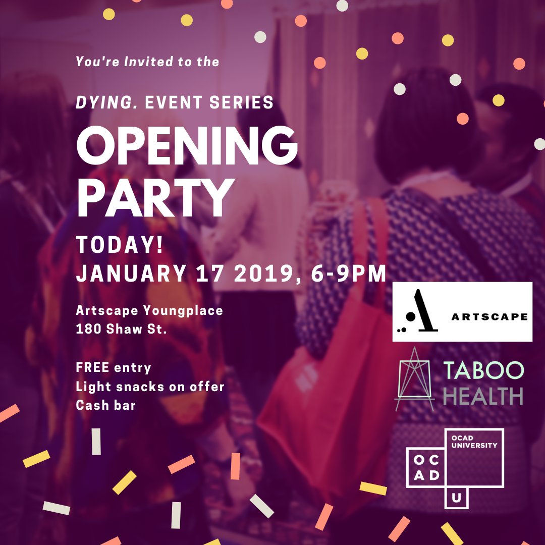 TabooHealth_'s tweet photo. Our #openingparty is today! We're so thrilled to #celebrate this #moment with everyone who has supported us throughout this #journey.
Join us at Artscape Youngspace from 6-9 p.m. Cash bar and light snacks on offer.
#TabooHealth #DyingEventSeries #WhatMattersEOL #DesignTO19 https://t.co/WwtFOfNyA7