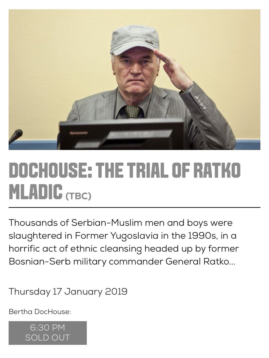 Thrilled that our screening and Q&amp;A this evening of <a href="/mladictrialdoc/">Trial of Mladic Doc</a> at <a href="/BerthaDocHouse/">Bertha DocHouse</a> is sold out!