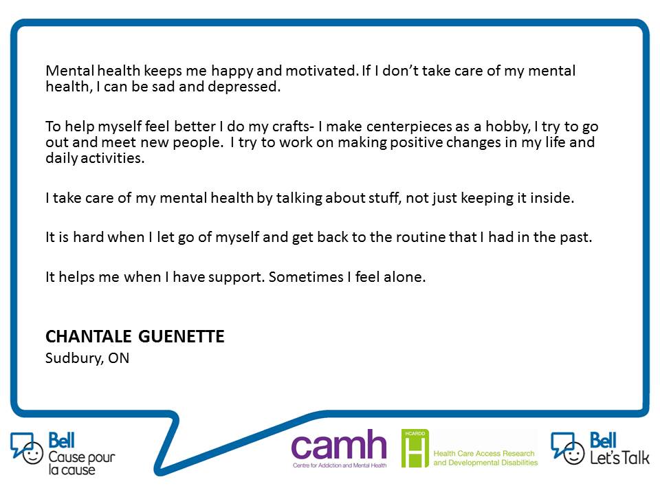HCARDD's tweet photo. #BellletsTalk : Chantale shares why it's important to care for her mental health and some of the ways she supports her own mental health #Day2Countdown #AzrieliCentre https://t.co/fwqoBtMgC6