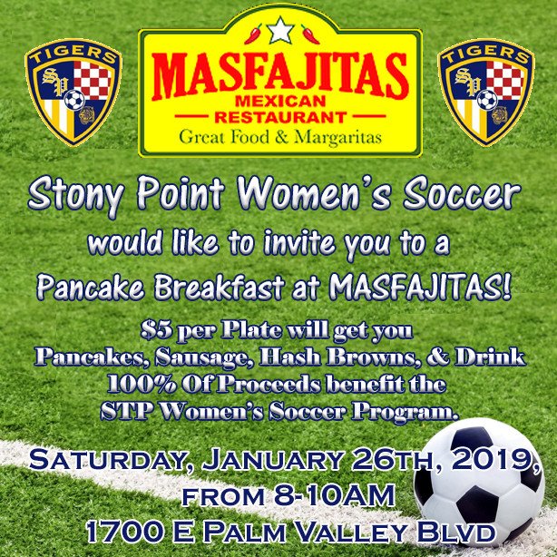 The Point Soccer (@thepointsoccer) on Twitter photo Please come out and support the Stony Point Women's Soccer program and enjoy a $5 Breakfast Plate at Mas Fajitas in Round Rock on January 26th from 8AM to 10AM. <a href="/RoundRockISD/">Round Rock ISD</a> @RoundRockPolice @RoundRock <a href="/RoundRockTexas/">Sheri Forbes</a> <a href="/MasFajitasRR/">MasFajitas RoundRock</a> <a href="/MasFajitas/">MasFajitas</a> @sfloresRRISD <a href="/alwatsonjcil/">Anthony Watson</a> <a href="/RRCoC/">Round Rock Chamber</a> Please come out and support the Stony Point Women's Soccer program and enjoy a $5 Breakfast Plate at Mas Fajitas in Round Rock on January 26th from 8AM to 10AM. <a href="/RoundRockISD/">Round Rock ISD</a> @RoundRockPolice @RoundRock <a href="/RoundRockTexas/">Sheri Forbes</a> <a href="/MasFajitasRR/">MasFajitas RoundRock</a> <a href="/MasFajitas/">MasFajitas</a> @sfloresRRISD <a href="/alwatsonjcil/">Anthony Watson</a> <a href="/RRCoC/">Round Rock Chamber</a>