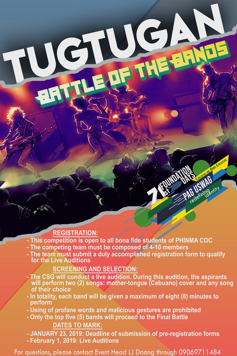 phinmacoccsg's tweet photo. Tune in your guitars and raise up your drumsticks as we bring you this year's Battle of the Bands competition- TUGTUGAN 2019! 🎤🎸

#PHINMACOC71stFoundationDays
#Tugtugan2019 https://t.co/uccWoXznpG