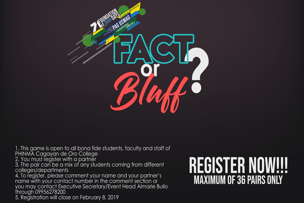 phinmacoccsg's tweet photo. BLUFFERS ARE COMING BACK ON FEBRUARY 15, 2019 TO HELP US CONFUSE OUR PLAYERS ON OUR REVAMPED FACT OR BLUFF!

#PHINMACOC71stFoundationDays
#PagUswag
#RedefiningIdentity https://t.co/k5UfZIdwTv