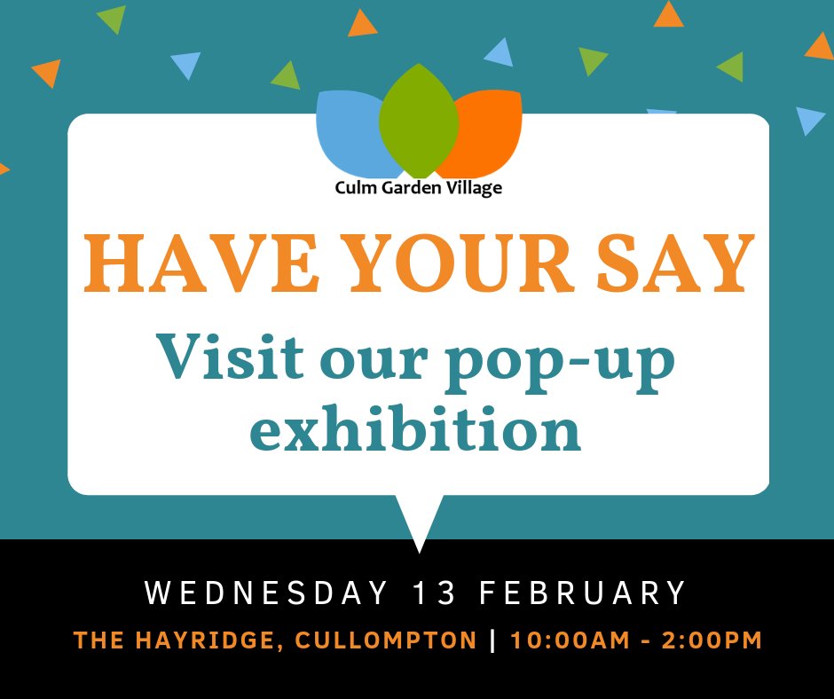 This Wednesday 13 Feb, we are bringing our pop-up consultation exhibition to <a href="/Hayridge/">Hayridge Cullompton</a>, Cullompton.  Come and say hi, ask us your questions about the Culm Garden Village and respond to our survey culmgardenvillage.co.uk/get-involved
#culmgv #Cullompton #Kentisbeare #MidDevon #gardenvillage