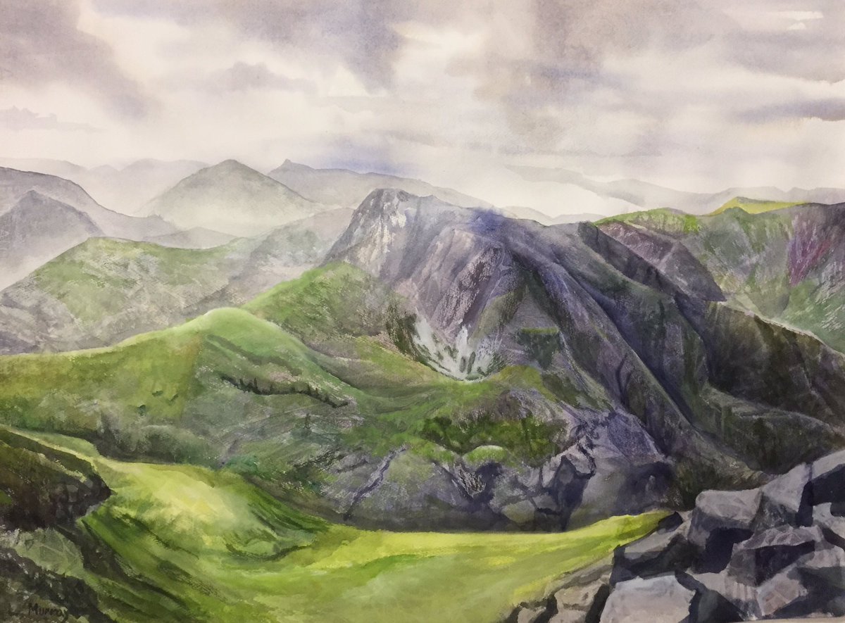 TreeRootLady's tweet image. “Stob Ban” looking towards Glen Coe, Scotland. I’ve visited this dramatic landscape many times. This piece was done as a demo for a class  using Decalcomania.