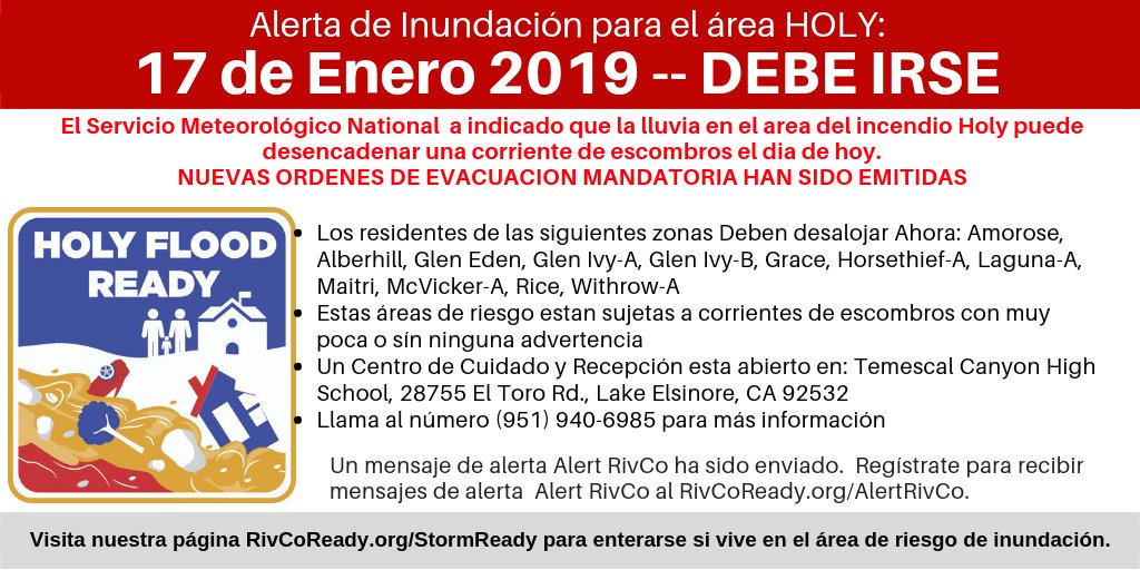 Las siguientes zonas están bajo advertencia de evacuación mandatoria: Amorose, Alberhill, Glen Ivy A, Glen Ivy B, Glen Eden, Grace, Horsethief A, Laguna A, Matri, McVicker A, Rice, Withrow A. Estas zonas DEBEN DESALOJAR AHORA #HolyFloodWatch <a href="/CtyLakeElsinore/">City of Lake Elsinore</a> <a href="/CALFIRERRU/">CAL FIRE/Riverside County Fire Department</a>