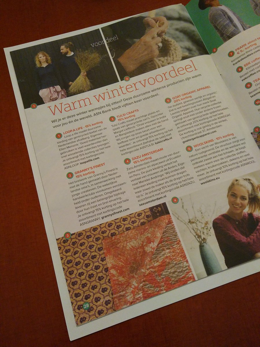 tulsicrafts's tweet photo. Warm wintervoordeel? Dat kunnen we nu nog wel even gebruiken! In het #goedgeld magazine van de @asnbank vind je ons in gezelschap van veel mooie collega ondernemers @VDWVM https://t.co/hkwaJ6DOw2