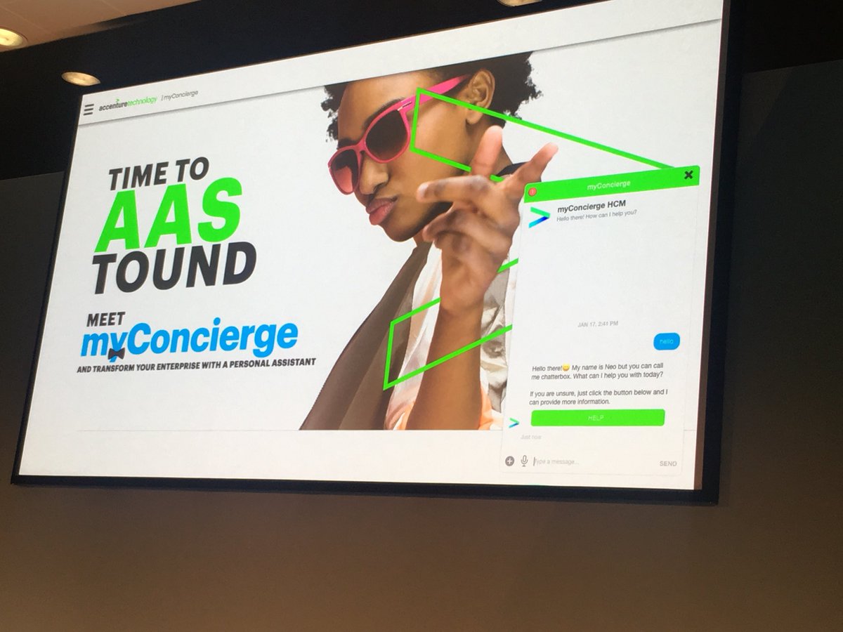 GrietJoppen's tweet photo. Live on stage at #OOWLON. @debralilley and @WarnerTim presenting myConcierge, our digital assistant! @AccentureTech https://t.co/5jwuDZNsSq