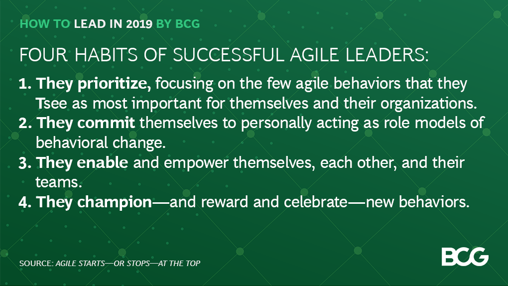 There’s no one model for embracing agile ways of working, but agile starts—or stops—at the top. If leaders don’t change their behaviors, they limit their company’s ability to transform. 4 habits of successful agile leaders: #HowToByBCG on.bcg.com/2ESIjzu
