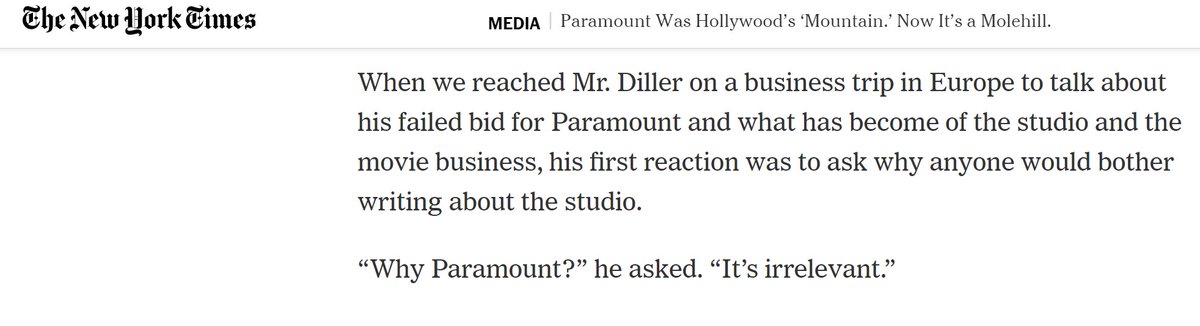 No one does a drive by like Barry Diller.
Note: Diller once ran Paramount and later tried to buy it.(https://www.nytimes.com/2019/01/17/business/media/paramount-pictures.html?curator=MediaREDEF …)