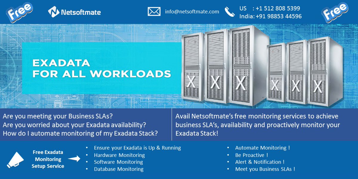 Netsoftmate's tweet photo. Aboslutely #Free. An opportunity to get your #Exadata monitoring setup by Netsoftmate experts to achieve business SLA’s and availability!
Register below to avail #Free #Services
https://t.co/ypA9mBbHy9
#Netsoftmate #Oracle #Exadata #DBM #Exastack #Database #Monitoring #Free https://t.co/I6CkLd8GVi