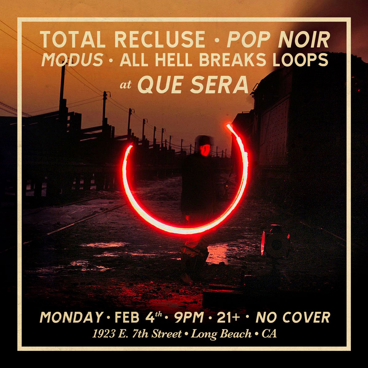 Total Recluse is returning to Long Beach Monday Feb 4th playing along side friends in <a href="/PopNoir/">Pop Noir</a>, Modus (LB) &amp; <a href="/AHBLmusic/">All Hell Breaks Loops アルヘル</a> (DJ set) - Thanks to <a href="/QueSeraLB/">Que Sera, Long Beach</a> for hosting and for <a href="/JoePowerMcGarry/">Joe McGarry</a> for creating lovely poster art.