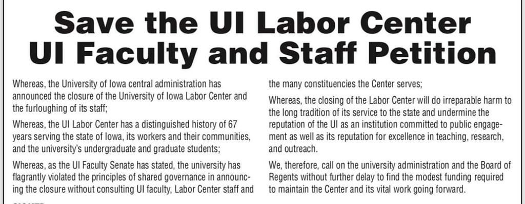 SavetheCenter's tweet photo. “We, therefore, call on the university administration and the Board of Regents without further delay to find the modest funding required to maintain the center and its vital work going forward”
#saveourlaborcenter #1u @uiowa https://t.co/Z56rfu9NEA