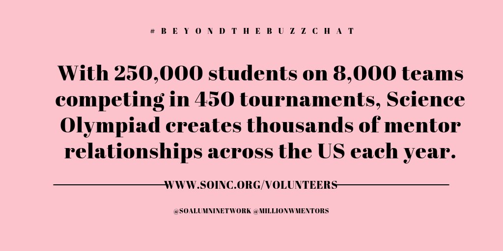 SOAlumniNetwork's tweet image. A1 #BeyondTheBuzzChat I volunteered as an Elementary Science Olympiad Fun Night coordinator for eight years, then helped coach a middle school Science Olympiad team! It was a blast and I continue to #Mentor many of those girls today! @IllinoisSO @elementaryso
