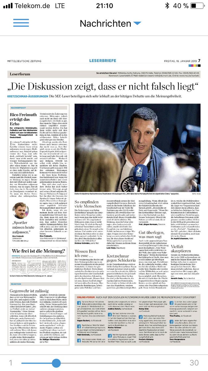 H_Augustin's tweet photo. Kretzsche und die #Meinungsfreiheit Wir diskutieren das morgen im Print von @mzwebde auf einer ganzen Seite mit unseren Leserinnen und Lesern. Vielen Dank an Zehnkämofer Rico #Freimuth für seinen Gastbeitrag! #MitteldeutscheZeitung https://t.co/mfcnZL9LCE
