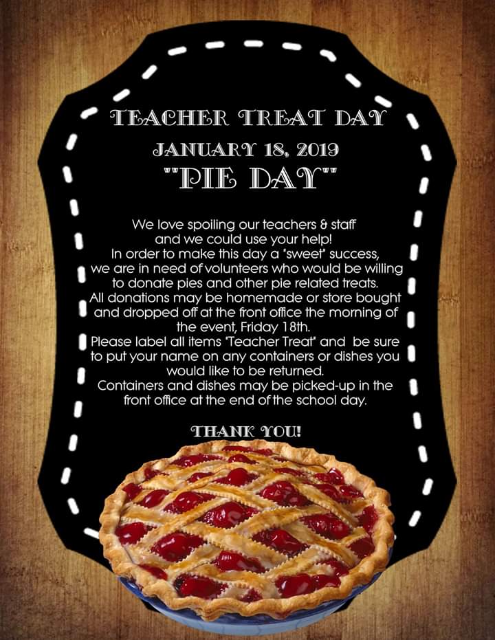 DWE_PTA's tweet photo. Good afternoon #DWEeagles family and friends!
As a reminder, tomorrow is our Teacher and Staff Treat Day!
 🥧 Pie Day! 🥧
If you would like to help treat your child's teacher and wonderful staff, please read the attachment for more information! https://t.co/1sgYbIZxbO