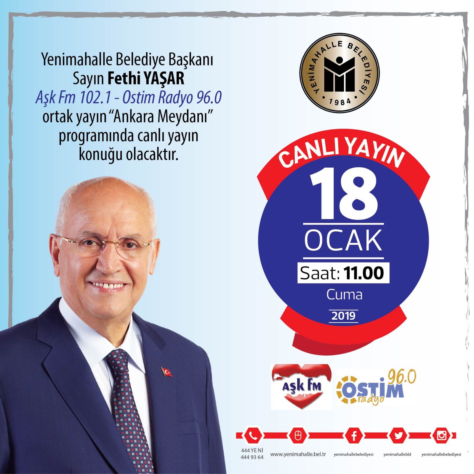 Fethi Yaşar on X: "Yarın 11.00'de Aşk Fm (102.1) ve Ostim Radyo (96.0)  ortak yayınında 'Ankara Meydanı' programına canlı yayın konuğu olacağım.  Dinleyebilmeniz dileğiyle. https://t.co/AJeM8WYQgm" / X