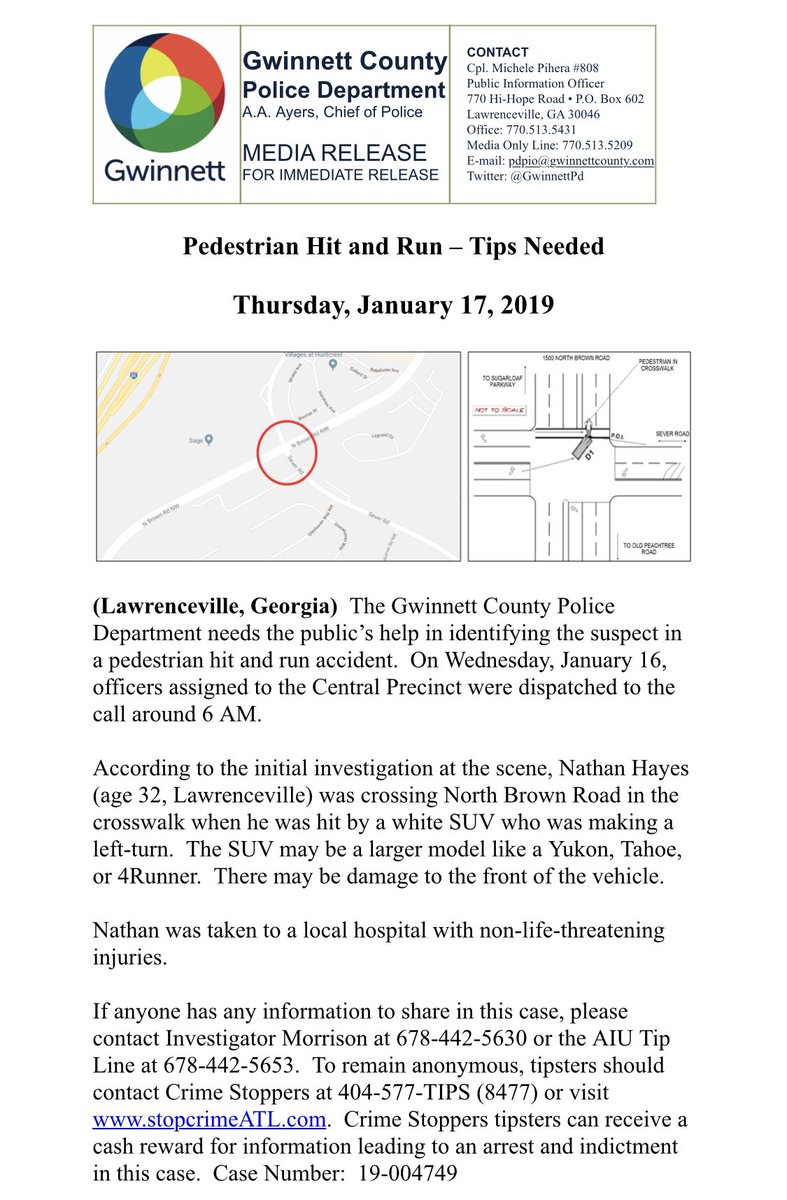 GwinnettPd's tweet image. A 32-yr old man was hit walking in a crosswalk early yesterday morning. The driver who hit him fled the scene. North Brown Rd at Sever Rd. We think he’s driving a white SUV with front end damage. Know who it could be? Call @StopCrimeATL 404-577-8477 with tips #CashReward