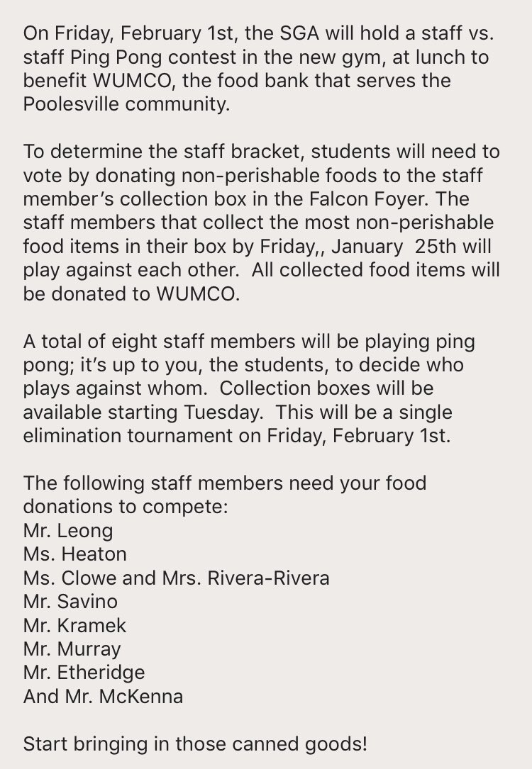 PoolesvilleSGA's tweet image. staff vs staff ping pong game on Feb 1st!!! vote for which staff YOU want to see play through donating food in their boxes until jan 25th 

all food will to go to a great cause @WUMCOHelp 

boxes will be available starting next tuesday! see below for the participating staff