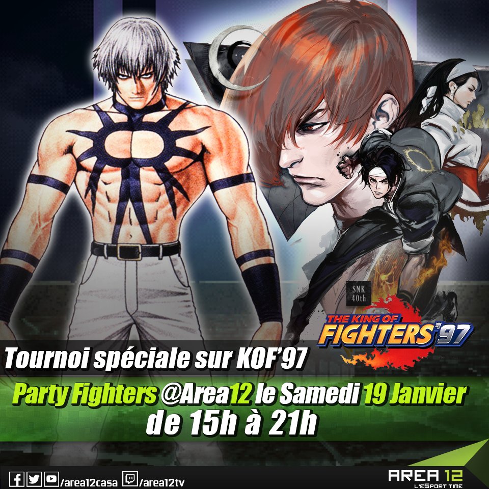 Area12Casa's tweet photo. Session #PartyFighters à l'Area12 ce samedi 19 Janvier de 15h jusqu'à 21h.
Cette fois-ci tournoi spéciale sur le fameux jeu classique #KOF97 🎮 https://t.co/pE6o2CgrjW