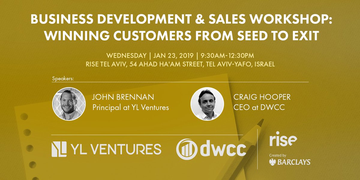 We are delighted to be participating on this Business Development & Sales Workshop with Craig Hooper CEO at @DWCCglobal and John Brennan, Principal at @ylventures  next Wednesday 23 January in Tel Aviv-Yafo!   #businesdevelopment  #pipelinedevelopment  #B2B #sales #strategy