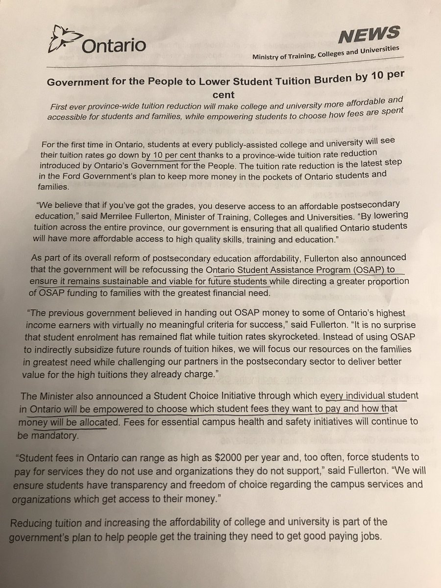 l_stone's tweet image. .@DrFullertonMPP officially announces 10 per cent tuition reduction and changes to OSAP to direct more money to students with greater financial need; and a new initiative to allow students to choose where their student fees will go - and what they want to opt out of #onpoli