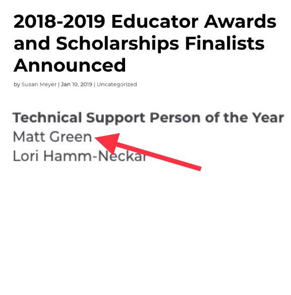 lubbockcooper's tweet photo. Congratulations to LCISD Technology's Matt Green, named a Texas Computer Education Association (TCEA) Technical Support Person of the Year finalist! https://t.co/dO58Tn4gkO